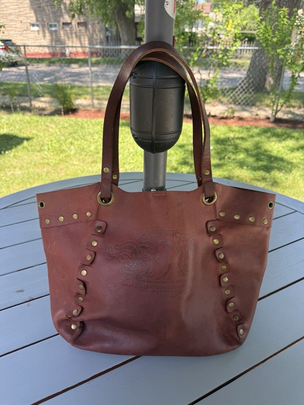 Nine West Vintage America Brown Leather Tote Studded Boho Shoulder Bag Handbag